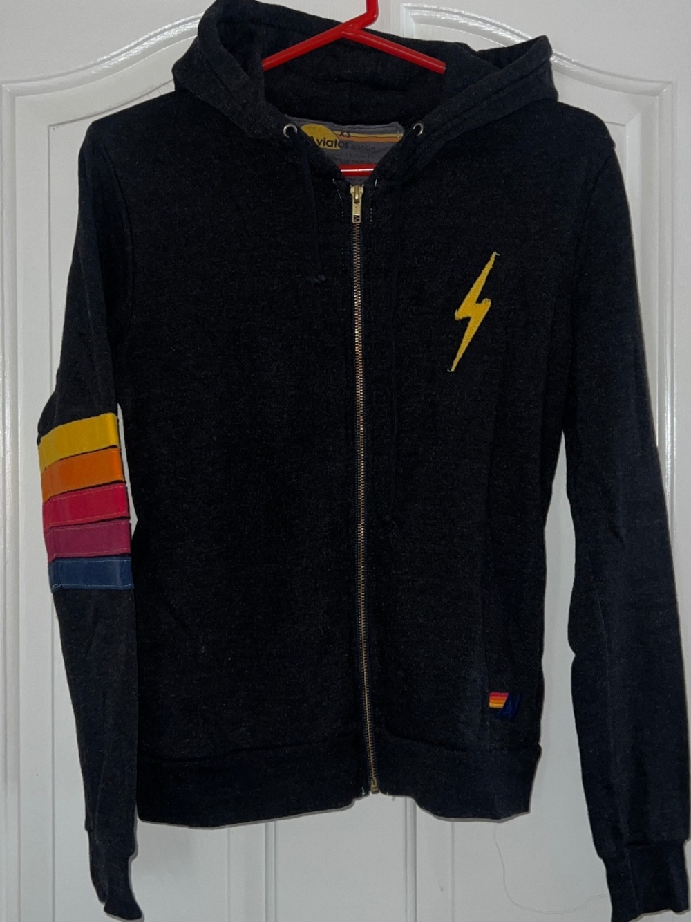 Aviator Nation -XS- rugby stripe bolt stitch zip up hoodie